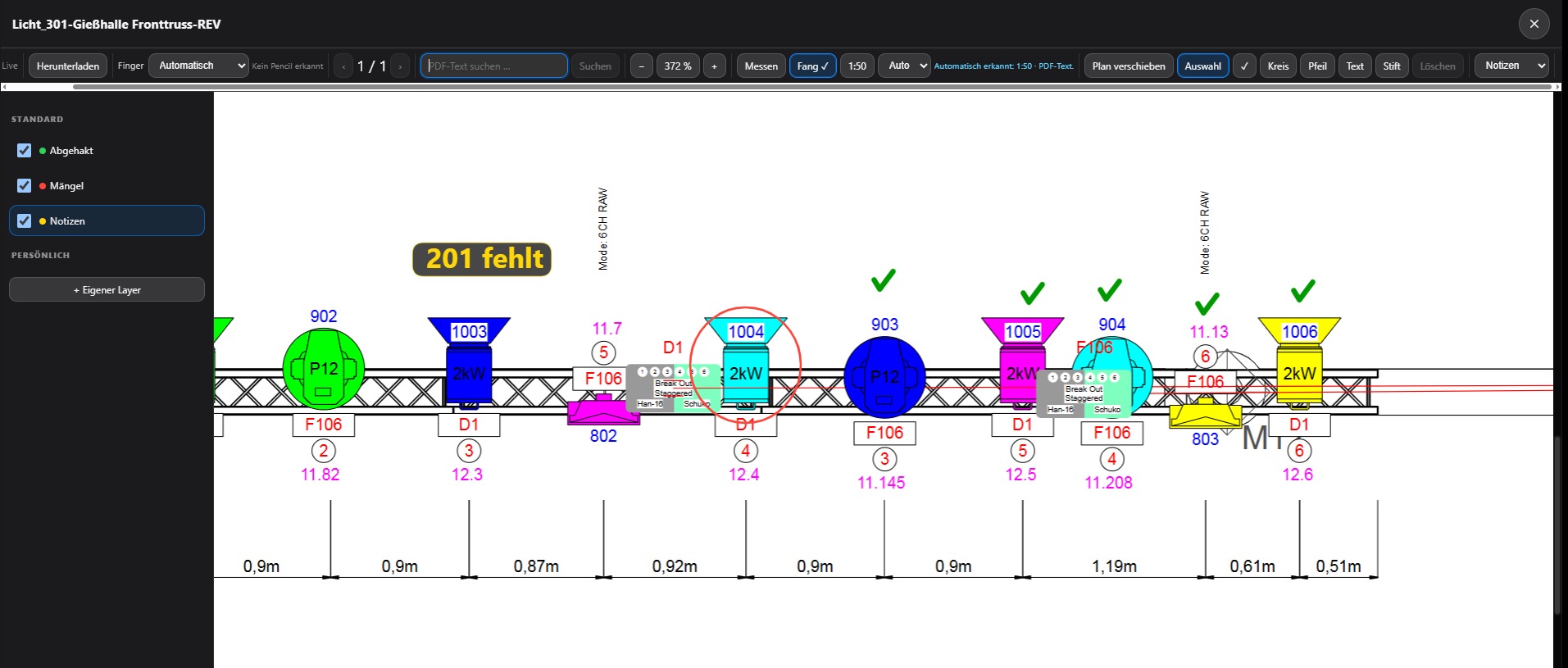 PDF-Plan mit Overlays, Markierungen, Suche und Messwerkzeug