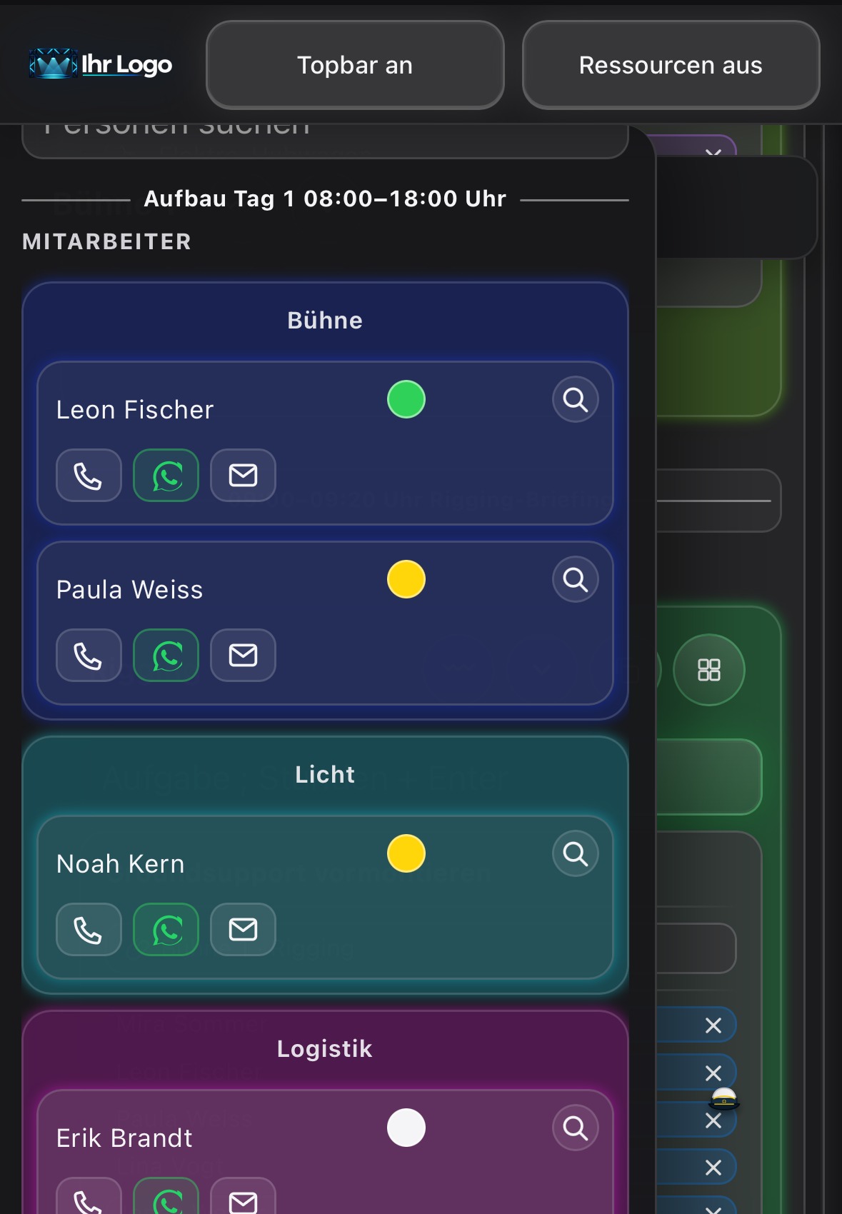 Mitarbeiterbereich mit Telefon-, WhatsApp- und E-Mail-Schaltflächen