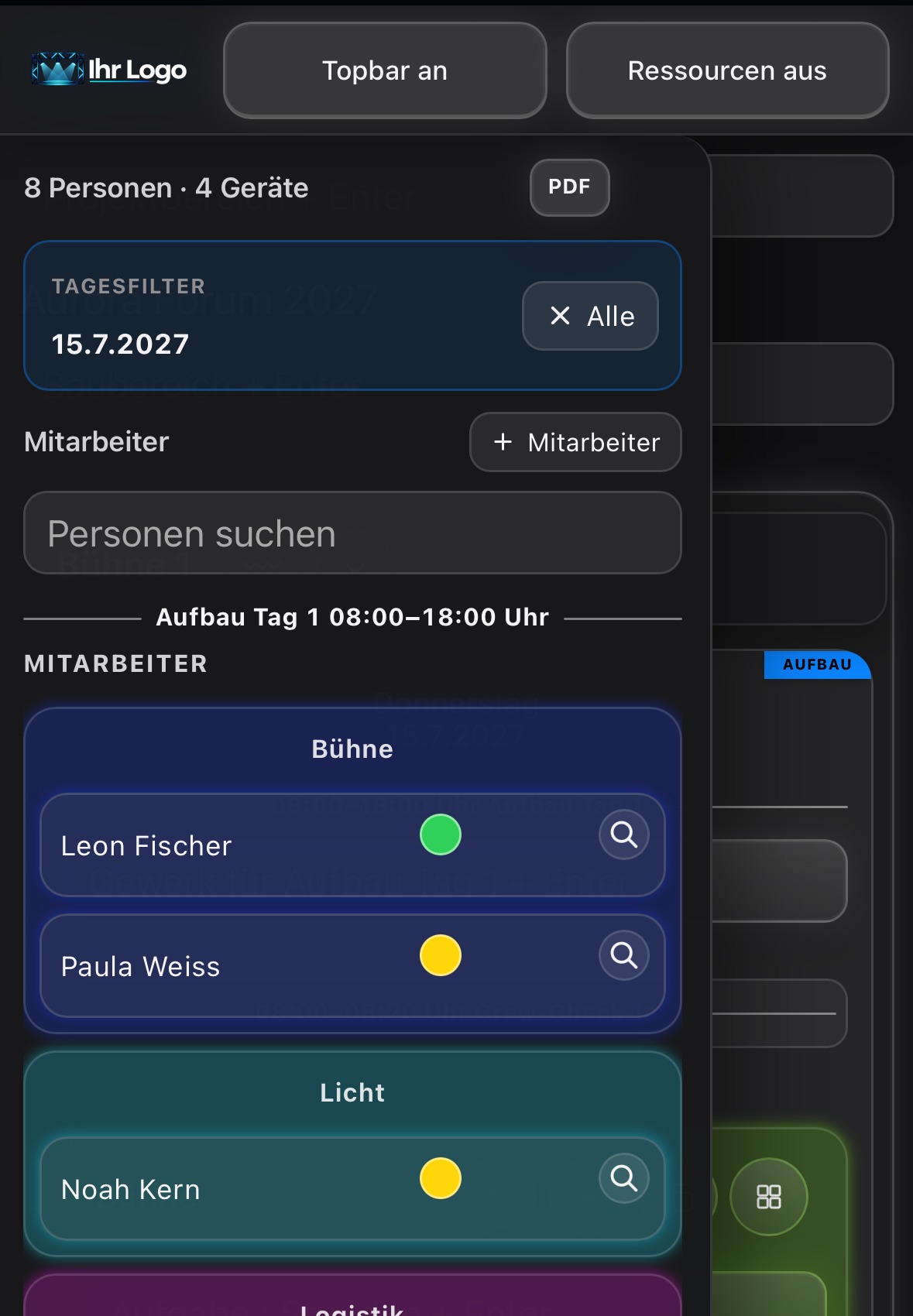 Ressourcen- und Mitarbeiteransicht auf dem Smartphone