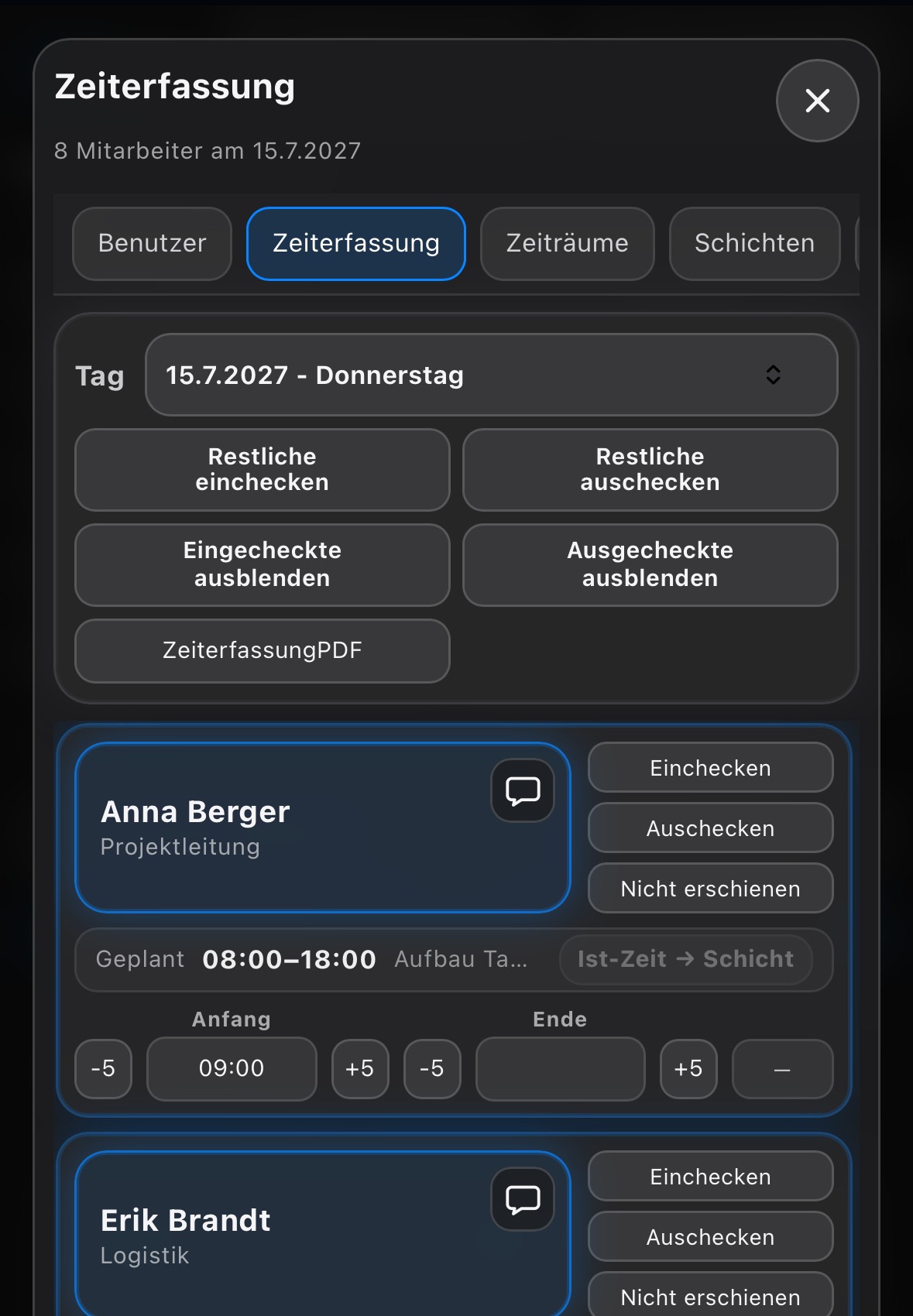 Zeiterfassung im Hornick DispoTool auf dem Smartphone